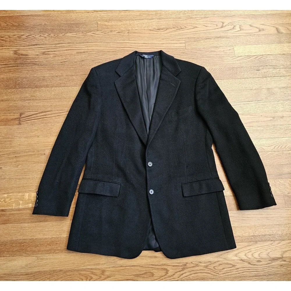 Vintage Polo Ralph Lauren Blazer Men 43L Black Camel Hair Sport Coat Made in USA